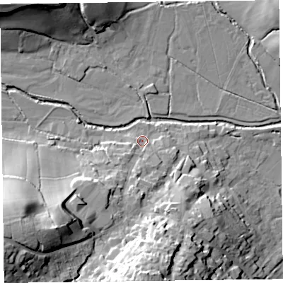 Shaded relief map of the ground around EX246LG, computed from Environment Agency LiDAR. The ground here sits at about 17 m above sea level and falls 41 m across the surrounding 800 m. Surface water reaching this point runs off ground lying to the south-west, 20.8 m higher.