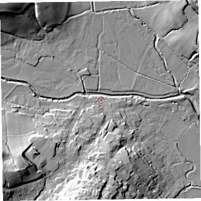 Shaded relief map of the ground around EX246LP, computed from Environment Agency LiDAR. The ground here sits at about 15 m above sea level and falls 38 m across the surrounding 800 m. Surface water reaching this point runs off ground lying to the south-west, 35.3 m higher.