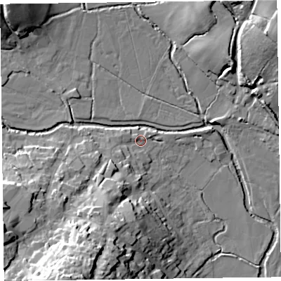 Shaded relief map of the ground around EX246LS, computed from Environment Agency LiDAR. The ground here sits at about 15 m above sea level and falls 36 m across the surrounding 800 m. Surface water reaching this point runs off ground lying to the south-south-west, 10.8 m higher.