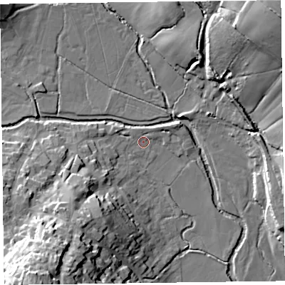 Shaded relief map of the ground around EX246LU, computed from Environment Agency LiDAR. The ground here sits at about 13 m above sea level and falls 41 m across the surrounding 800 m. Surface water reaching this point runs off ground lying to the north-east, 1.5 m higher.