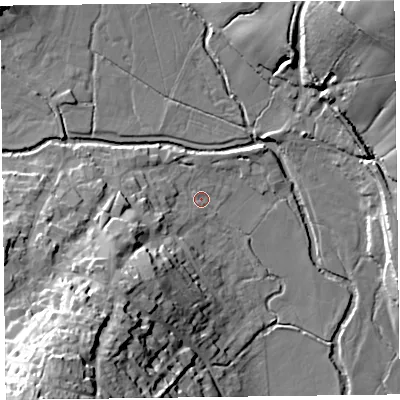 Shaded relief map of the ground around EX246LY, computed from Environment Agency LiDAR. The ground here sits at about 13 m above sea level and falls 40 m across the surrounding 800 m. Surface water reaching this point runs off ground lying to the south-west, 23.1 m higher.
