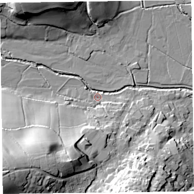 Shaded relief map of the ground around EX246PD, computed from Environment Agency LiDAR. The ground here sits at about 17 m above sea level and falls 49 m across the surrounding 800 m. Surface water reaching this point runs off ground lying to the south-west, 46.7 m higher.