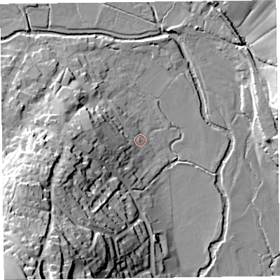 Shaded relief map of the ground around EX246PG, computed from Environment Agency LiDAR. The ground here sits at about 14 m above sea level and falls 64 m across the surrounding 800 m. Surface water reaching this point runs off ground lying to the south-west, 46.3 m higher.