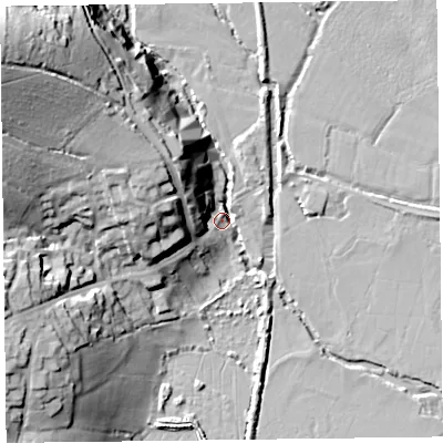 Shaded relief map of the ground around EX246QF, computed from Environment Agency LiDAR. The ground here sits at about 5 m above sea level and falls 38 m across the surrounding 800 m. Surface water reaching this point runs off ground lying to the north-west, 37.3 m higher.