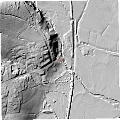Shaded relief map of the ground around EX246QG, computed from Environment Agency LiDAR. The ground here sits at about 5 m above sea level and falls 38 m across the surrounding 800 m. Surface water reaching this point runs off ground lying to the north-west, 27.0 m higher.