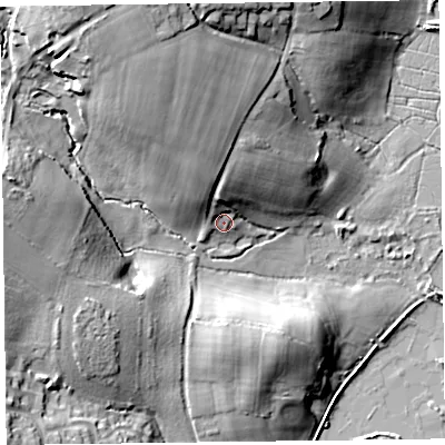 Shaded relief map of the ground around EX246QP, computed from Environment Agency LiDAR. The ground here sits at about 10 m above sea level and falls 31 m across the surrounding 800 m. Surface water reaching this point runs off ground lying to the north-north-west, 19.2 m higher.