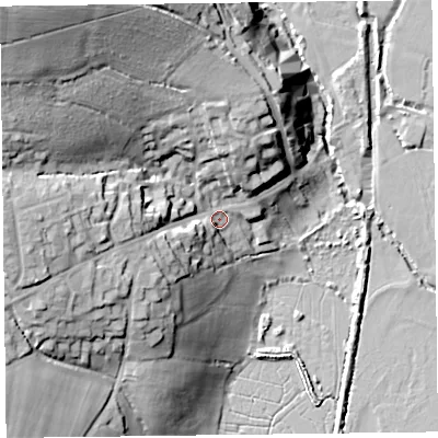 Shaded relief map of the ground around EX246QQ, computed from Environment Agency LiDAR. The ground here sits at about 10 m above sea level and falls 45 m across the surrounding 800 m. Surface water reaching this point runs off ground lying to the north-west, 36.8 m higher.