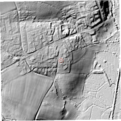 Shaded relief map of the ground around EX246QW, computed from Environment Agency LiDAR. The ground here sits at about 21 m above sea level and falls 39 m across the surrounding 800 m. Surface water reaching this point runs off ground lying to the west-north-west, 6.4 m higher.