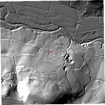 Shaded relief map of the ground around EX246RS, computed from Environment Agency LiDAR. The ground here sits at about 40 m above sea level and falls 115 m across the surrounding 800 m. Surface water reaching this point runs off ground lying to the south-south-west, 86.6 m higher.