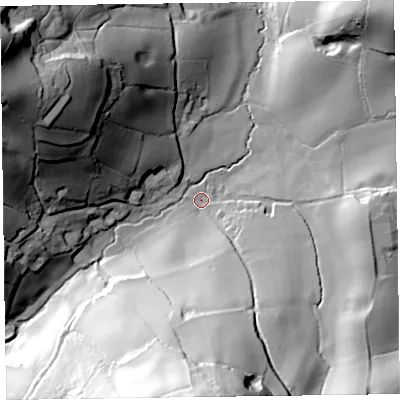 Shaded relief map of the ground around EX246SA, computed from Environment Agency LiDAR. The ground here sits at about 60 m above sea level and falls 86 m across the surrounding 800 m. Surface water reaching this point runs off ground lying to the south, 77.6 m higher.