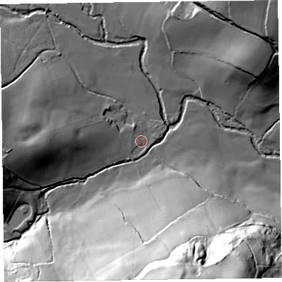 Shaded relief map of the ground around EX246SG, computed from Environment Agency LiDAR. The ground here sits at about 38 m above sea level and falls 67 m across the surrounding 800 m. Surface water reaching this point runs off ground lying to the west, 14.4 m higher.