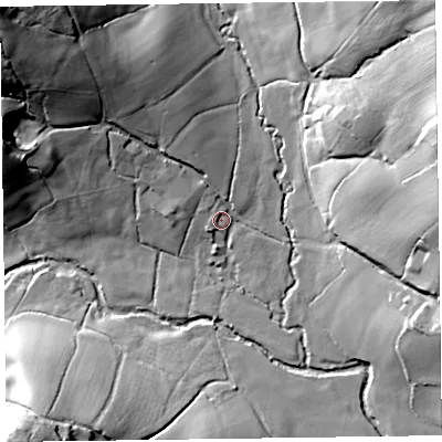 Shaded relief map of the ground around EX246SQ, computed from Environment Agency LiDAR. The ground here sits at about 43 m above sea level and falls 51 m across the surrounding 800 m. Surface water reaching this point runs off ground lying to the north-west, 41.9 m higher.