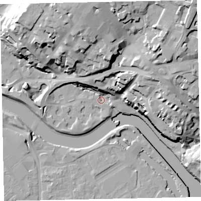 Shaded relief map of the ground around EX24AB, computed from Environment Agency LiDAR. The ground here sits at about 7 m above sea level and falls 37 m across the surrounding 800 m. Surface water reaching this point runs off ground lying to the north-north-west, 12.9 m higher.