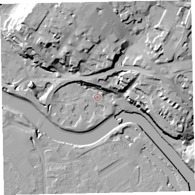 Shaded relief map of the ground around EX24AD, computed from Environment Agency LiDAR. The ground here sits at about 8 m above sea level and falls 37 m across the surrounding 800 m. Surface water reaching this point runs off ground lying to the south-west, 3.1 m higher.