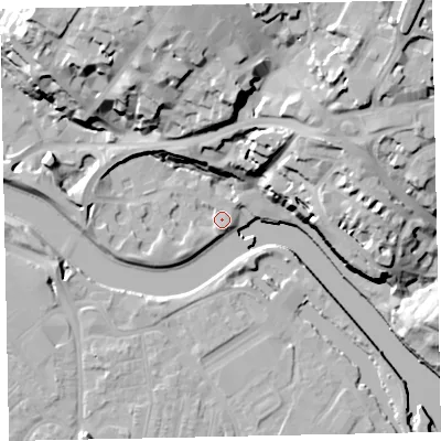 Shaded relief map of the ground around EX24AE, computed from Environment Agency LiDAR. The ground here sits at about 8 m above sea level and falls 37 m across the surrounding 800 m. Surface water reaching this point runs off ground lying to the north-north-east, 21.2 m higher.