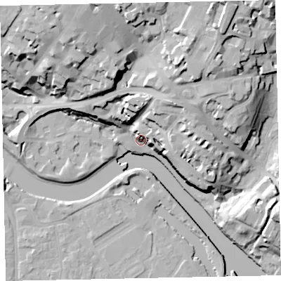 Shaded relief map of the ground around EX24AN, computed from Environment Agency LiDAR. The ground here sits at about 11 m above sea level and falls 37 m across the surrounding 800 m. Surface water reaching this point runs off ground lying to the north-east, 22.9 m higher.