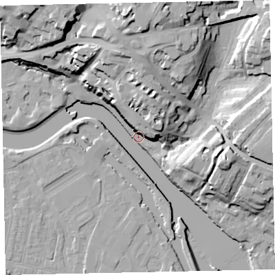 Shaded relief map of the ground around EX24AP, computed from Environment Agency LiDAR. The ground here sits at about 7 m above sea level and falls 35 m across the surrounding 800 m. Surface water reaching this point runs off ground lying to the north, 34.2 m higher.