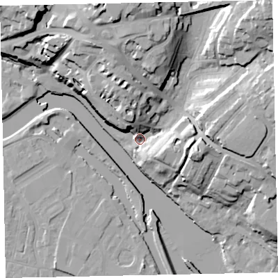 Shaded relief map of the ground around EX24AS, computed from Environment Agency LiDAR. The ground here sits at about 12 m above sea level and falls 36 m across the surrounding 800 m. Surface water reaching this point runs off ground lying to the north-east, 30.2 m higher.