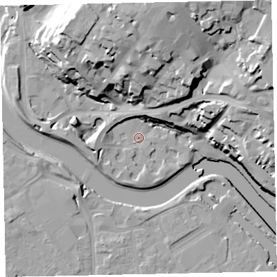 Shaded relief map of the ground around EX24BB, computed from Environment Agency LiDAR. The ground here sits at about 8 m above sea level and falls 37 m across the surrounding 800 m. Surface water reaching this point runs off ground lying to the north-west, 6.8 m higher.