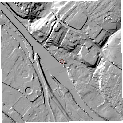 Shaded relief map of the ground around EX24BW, computed from Environment Agency LiDAR. The ground here sits at about 7 m above sea level and falls 35 m across the surrounding 800 m. Surface water reaching this point runs off ground lying to the north-north-east, 32.4 m higher.