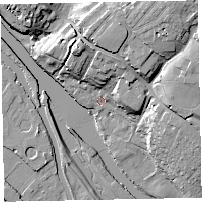 Shaded relief map of the ground around EX24DD, computed from Environment Agency LiDAR. The ground here sits at about 9 m above sea level and falls 37 m across the surrounding 800 m. Surface water reaching this point runs off ground lying to the north-north-east, 17.9 m higher.