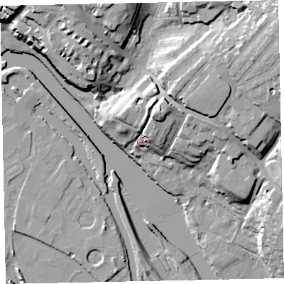 Shaded relief map of the ground around EX24DJ, computed from Environment Agency LiDAR. The ground here sits at about 15 m above sea level and falls 35 m across the surrounding 800 m. Surface water reaching this point runs off ground lying to the north-north-east, 17.1 m higher.