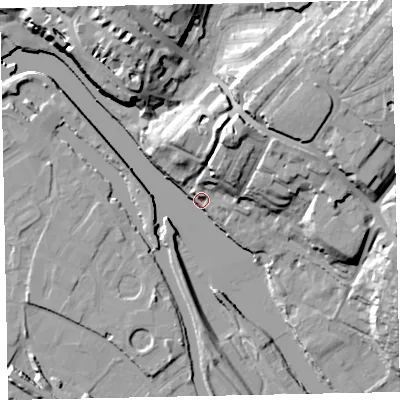 Shaded relief map of the ground around EX24DR, computed from Environment Agency LiDAR. The ground here sits at about 8 m above sea level and falls 34 m across the surrounding 800 m. Surface water reaching this point runs off ground lying to the north-east, 33.8 m higher.