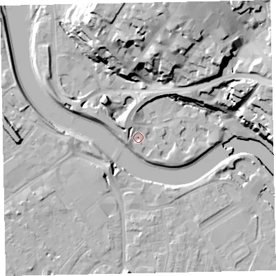 Shaded relief map of the ground around EX24DX, computed from Environment Agency LiDAR. The ground here sits at about 9 m above sea level and falls 35 m across the surrounding 800 m. Surface water reaching this point runs off ground lying to the north-west, 4.2 m higher.