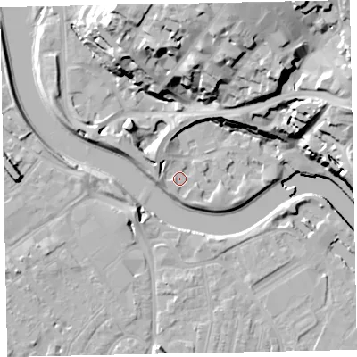 Shaded relief map of the ground around EX24DY, computed from Environment Agency LiDAR. The ground here sits at about 9 m above sea level and falls 35 m across the surrounding 800 m. Surface water reaching this point runs off ground lying to the north-west, 4.2 m higher.