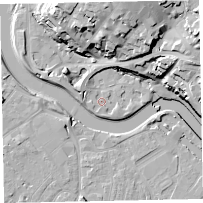 Shaded relief map of the ground around EX24DZ, computed from Environment Agency LiDAR. The ground here sits at about 9 m above sea level and falls 35 m across the surrounding 800 m. Surface water reaching this point runs off ground lying to the west-north-west, 4.2 m higher.