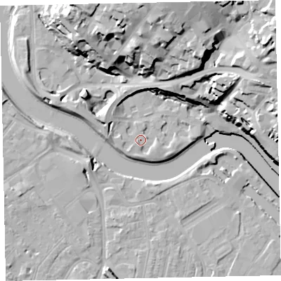 Shaded relief map of the ground around EX24EA, computed from Environment Agency LiDAR. The ground here sits at about 9 m above sea level and falls 35 m across the surrounding 800 m. Surface water reaching this point runs off ground lying to the south, 1.9 m higher.