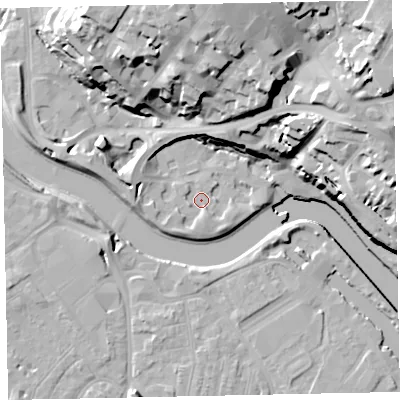 Shaded relief map of the ground around EX24EB, computed from Environment Agency LiDAR. The ground here sits at about 8 m above sea level and falls 35 m across the surrounding 800 m. Surface water reaching this point runs off ground lying to the south-south-west, 1.9 m higher.