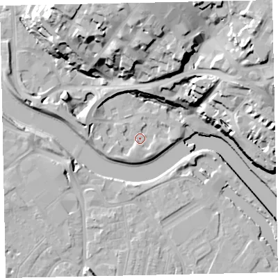 Shaded relief map of the ground around EX24ED, computed from Environment Agency LiDAR. The ground here sits at about 8 m above sea level and falls 35 m across the surrounding 800 m. Surface water reaching this point runs off ground lying to the south-west, 2.0 m higher.