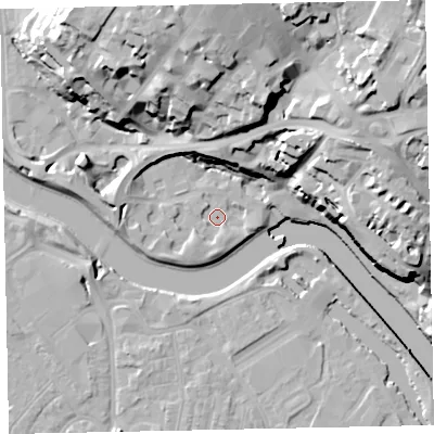 Shaded relief map of the ground around EX24EE, computed from Environment Agency LiDAR. The ground here sits at about 8 m above sea level and falls 37 m across the surrounding 800 m. Surface water reaching this point runs off ground lying to the south-west, 3.1 m higher.