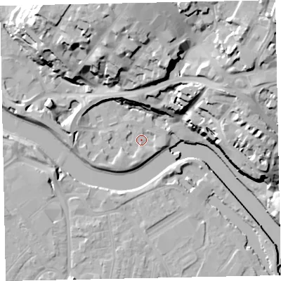 Shaded relief map of the ground around EX24EF, computed from Environment Agency LiDAR. The ground here sits at about 8 m above sea level and falls 37 m across the surrounding 800 m. Surface water reaching this point runs off ground lying to the south-west, 3.1 m higher.