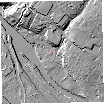 Shaded relief map of the ground around EX24EG, computed from Environment Agency LiDAR. The ground here sits at about 8 m above sea level and falls 36 m across the surrounding 800 m. Surface water reaching this point runs off ground lying to the north-east, 30.1 m higher.