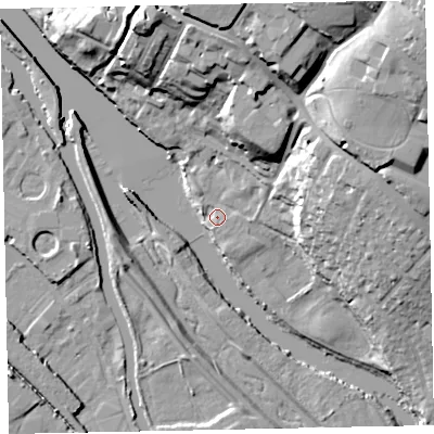 Shaded relief map of the ground around EX24JS, computed from Environment Agency LiDAR. The ground here sits at about 7 m above sea level and falls 34 m across the surrounding 800 m. Surface water reaching this point runs off ground lying to the north-east, 28.7 m higher.