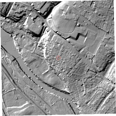 Shaded relief map of the ground around EX24RP, computed from Environment Agency LiDAR. The ground here sits at about 19 m above sea level and falls 37 m across the surrounding 800 m. Surface water reaching this point runs off ground lying to the north-north-east, 7.3 m higher.