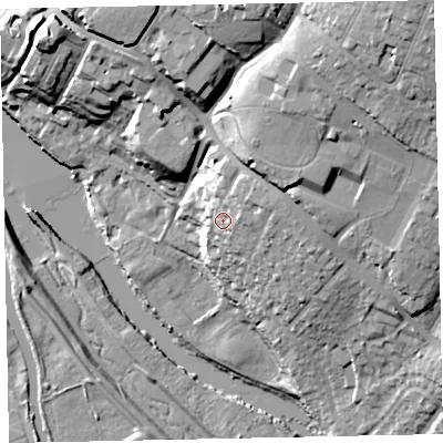 Shaded relief map of the ground around EX24RT, computed from Environment Agency LiDAR. The ground here sits at about 19 m above sea level and falls 38 m across the surrounding 800 m. Surface water reaching this point runs off ground lying to the east-north-east, 6.9 m higher.