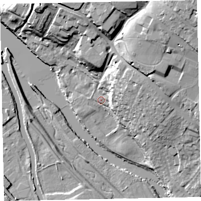 Shaded relief map of the ground around EX24RX, computed from Environment Agency LiDAR. The ground here sits at about 8 m above sea level and falls 36 m across the surrounding 800 m. Surface water reaching this point runs off ground lying to the east-north-east, 17.8 m higher.