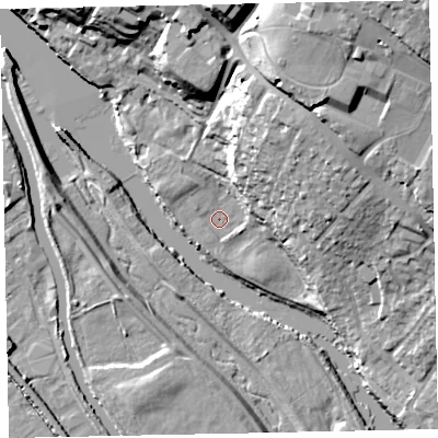 Shaded relief map of the ground around EX24RY, computed from Environment Agency LiDAR. The ground here sits at about 6 m above sea level and falls 33 m across the surrounding 800 m. Surface water reaching this point runs off ground lying to the south-south-west, 0.8 m higher.