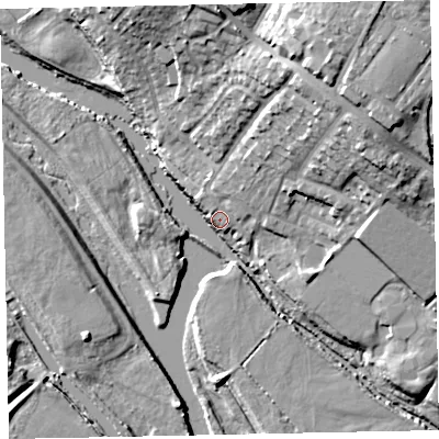 Shaded relief map of the ground around EX24SW, computed from Environment Agency LiDAR. The ground here sits at about 8 m above sea level and falls 24 m across the surrounding 800 m. Surface water reaching this point runs off ground lying to the north-east, 22.5 m higher.