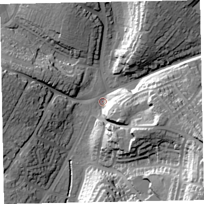 Shaded relief map of the ground around EX25JR, computed from Environment Agency LiDAR. The ground here sits at about 16 m above sea level and falls 44 m across the surrounding 800 m. Surface water reaching this point runs off ground lying to the east-south-east, 34.8 m higher.