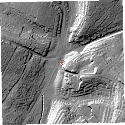 Shaded relief map of the ground around EX25JS, computed from Environment Agency LiDAR. The ground here sits at about 16 m above sea level and falls 44 m across the surrounding 800 m. Surface water reaching this point runs off ground lying to the east-south-east, 34.9 m higher.