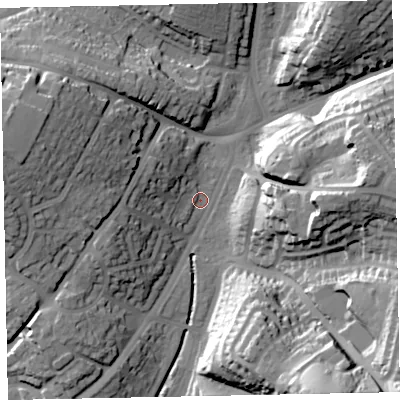 Shaded relief map of the ground around EX25JT, computed from Environment Agency LiDAR. The ground here sits at about 16 m above sea level and falls 41 m across the surrounding 800 m. Surface water reaching this point runs off ground lying to the west-north-west, 27.2 m higher.