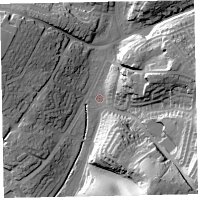 Shaded relief map of the ground around EX25JU, computed from Environment Agency LiDAR. The ground here sits at about 15 m above sea level and falls 46 m across the surrounding 800 m. Surface water reaching this point runs off ground lying to the south-south-east, 42.7 m higher.