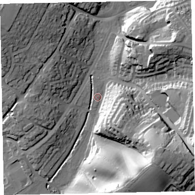 Shaded relief map of the ground around EX25JY, computed from Environment Agency LiDAR. The ground here sits at about 15 m above sea level and falls 47 m across the surrounding 800 m. Surface water reaching this point runs off ground lying to the south-east, 45.1 m higher.