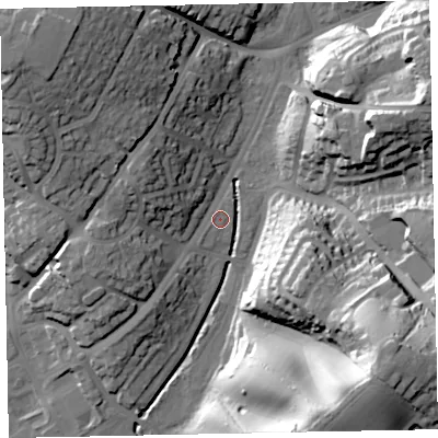 Shaded relief map of the ground around EX25LA, computed from Environment Agency LiDAR. The ground here sits at about 16 m above sea level and falls 47 m across the surrounding 800 m. Surface water reaching this point runs off ground lying to the west-north-west, 13.1 m higher.