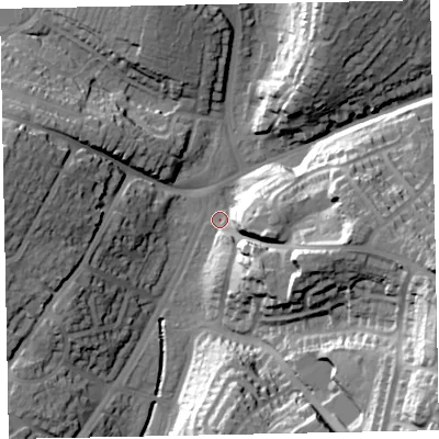 Shaded relief map of the ground around EX25PX, computed from Environment Agency LiDAR. The ground here sits at about 17 m above sea level and falls 44 m across the surrounding 800 m. Surface water reaching this point runs off ground lying to the east-south-east, 32.5 m higher.