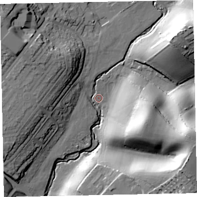 Shaded relief map of the ground around EX26DQ, computed from Environment Agency LiDAR. The ground here sits at about 9 m above sea level and falls 48 m across the surrounding 800 m. Surface water reaching this point runs off ground lying to the east-south-east, 45.0 m higher.